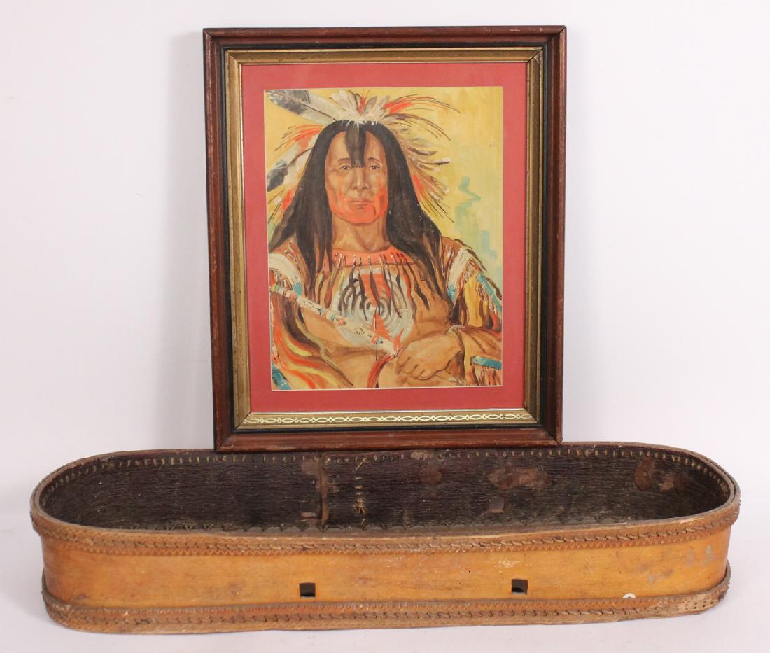 Native American Cradle Board: 4"h x 30"l x 10"w. Together with an oil on canvas depicting a Native American chief. The painting is signed illegibly. Good condition.