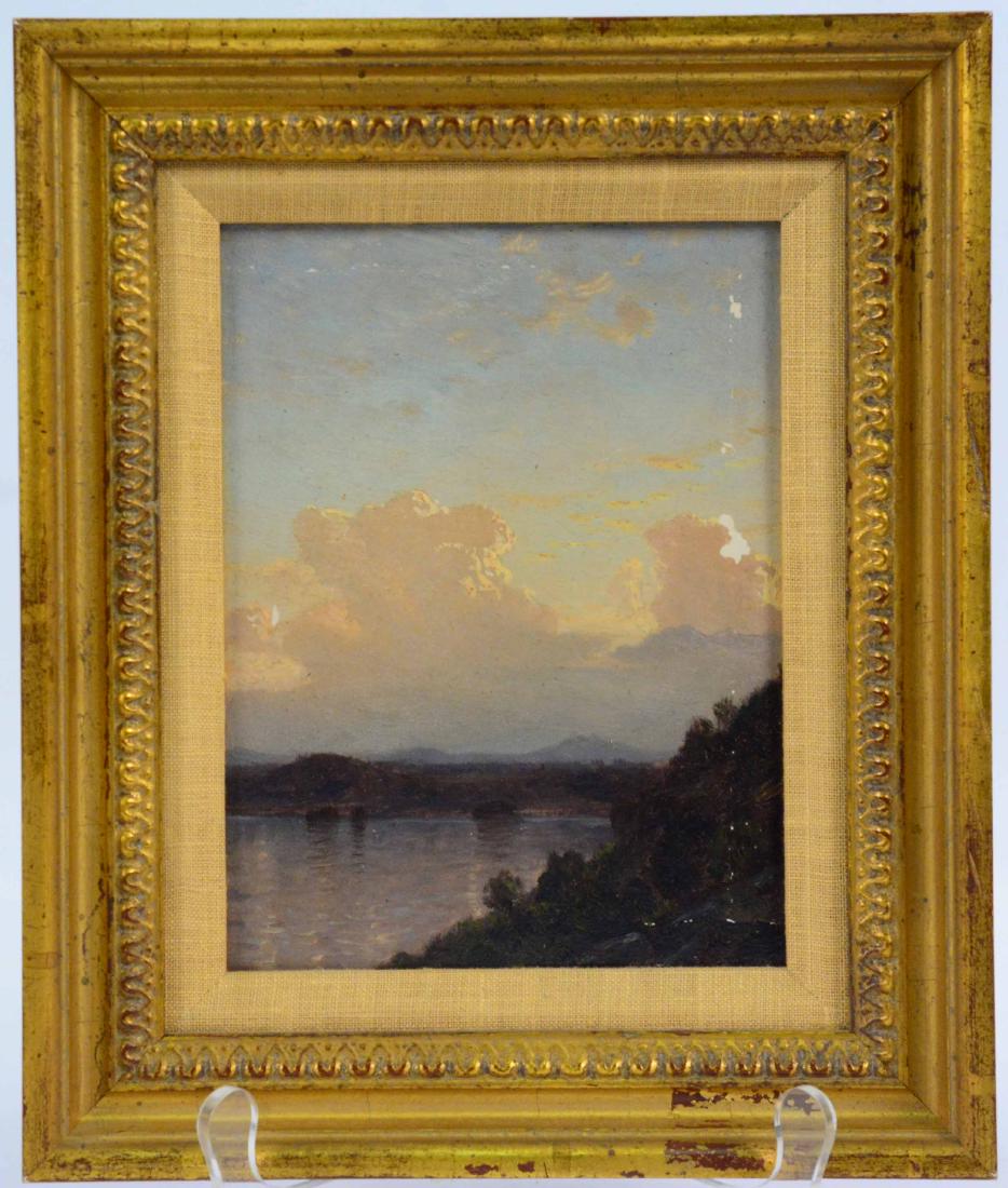 Oil on Board, Hudson River Scene: Attributed to Samuel Colman (American, 1832-1920) Losses to paint. Sight size: 7"h x 5-1/4"w Provenance: Purchased from Samuel Colman's grandchildren in Long Island in the late 1970s.