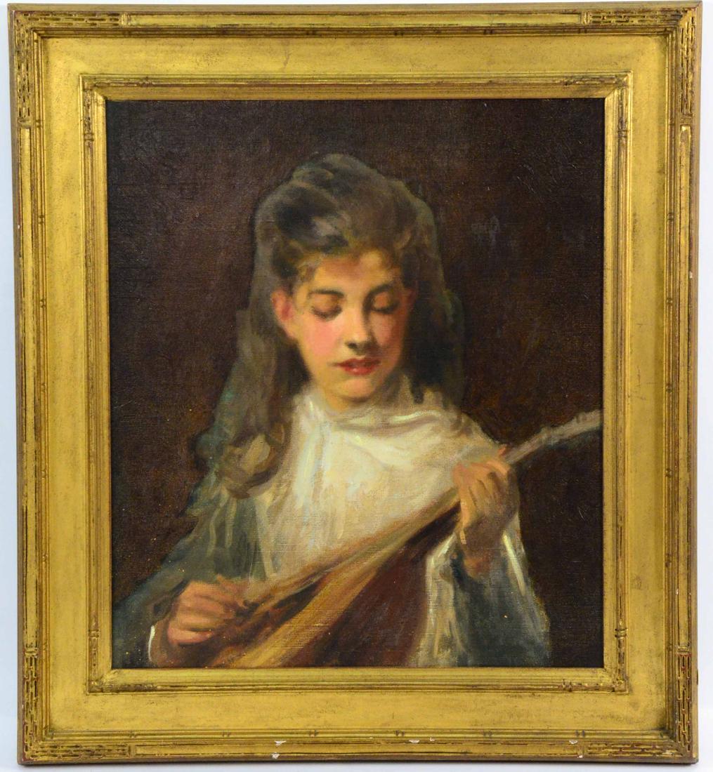 Oil on Canvas, Frederic W. MacMonnies: (American, 1863-1937), portrait of his daughter Marjorie. Sight size: 21-1/2"h x 18-1/2"w