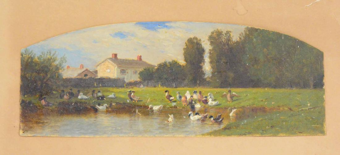 Oil on Paper, Ducks on a Pond: Mounted on another piece of paper, attributed to Samuel Colman (American, 1832-1920) Unframed. 3-3/4"h x 9-3/4"w Provenance: Purchased from Samuel Colman's grandchildren in Long Island in the late 197