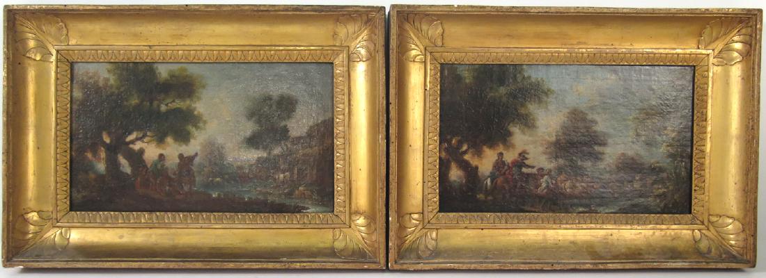 Pair of Oil on Canvas Pastoral Landscapes: In the manner of Francesco Zuccarelli, Italian, 18th C. Minor abrasion and cracks. Sight size: 7-1/2"h x 12-3/4"w