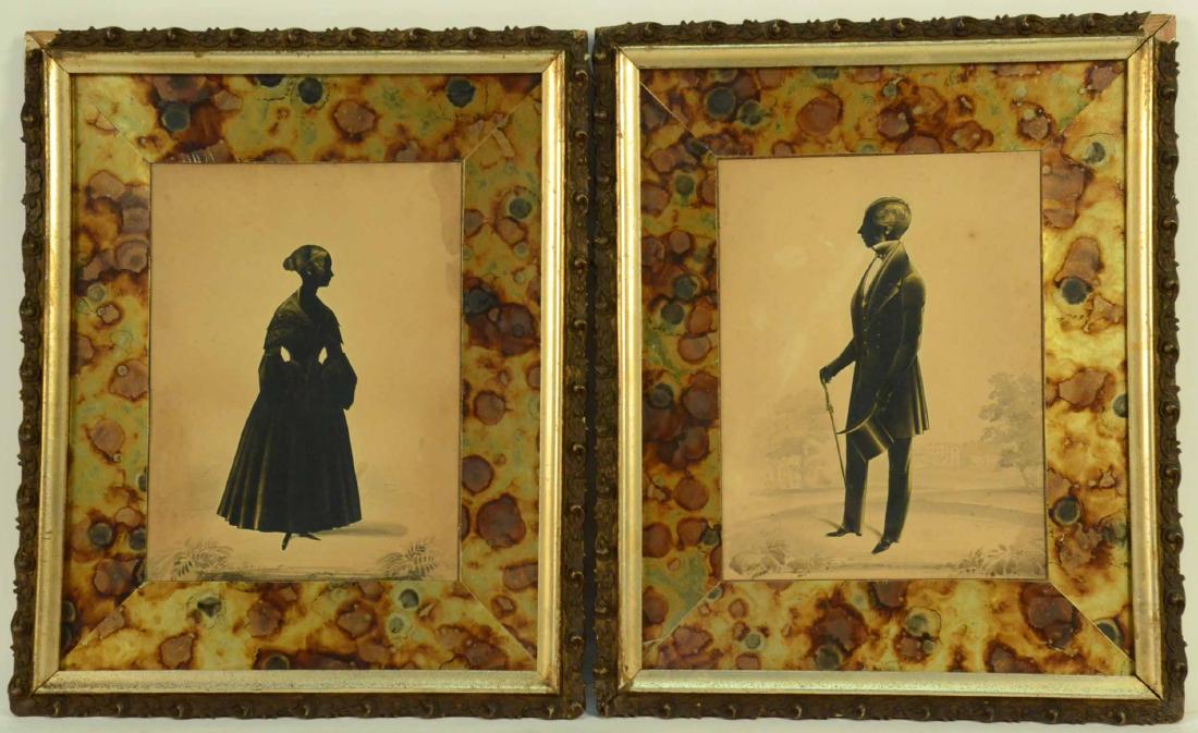 Pair of Watercolor Silhouettes, Frederic Frith: (English, 1819-1871), silhouettes are cut out paper, labeled verso "Earl and Countess of Charlemont, Ireland." Sight size: 10-1/2"h x 8"w
