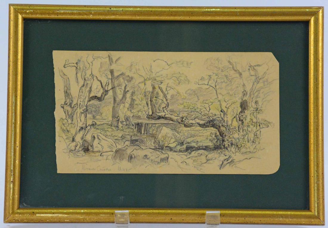 Pencil and Ink on Paper, Forest Scene: Attributed to Samuel Colman (American, 1832-1920) Sight size: 4-3/4"h x 8-1/2"w Provenance: Purchased from Samuel Colman's grandchildren in Long Island in the late 1970s.