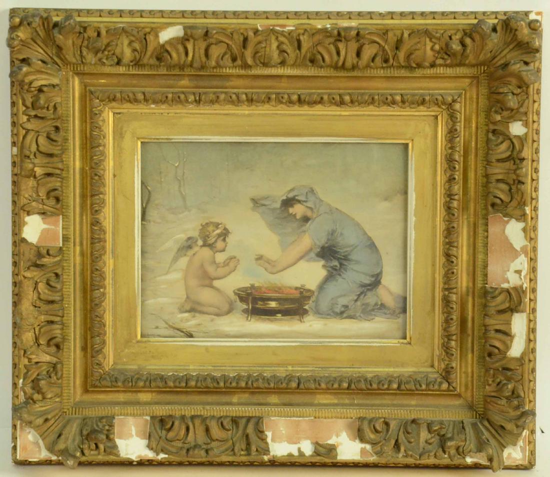 Print on Silk, Angel & Woman by Fire, Jean Aubert: (French, 1824-1906), signed l.l. "Jean Aubert, 1882." Titled "Cloaked Lady with Cupid over Cauldron." Sight size: 6-1/2"h x 8-1/4"w