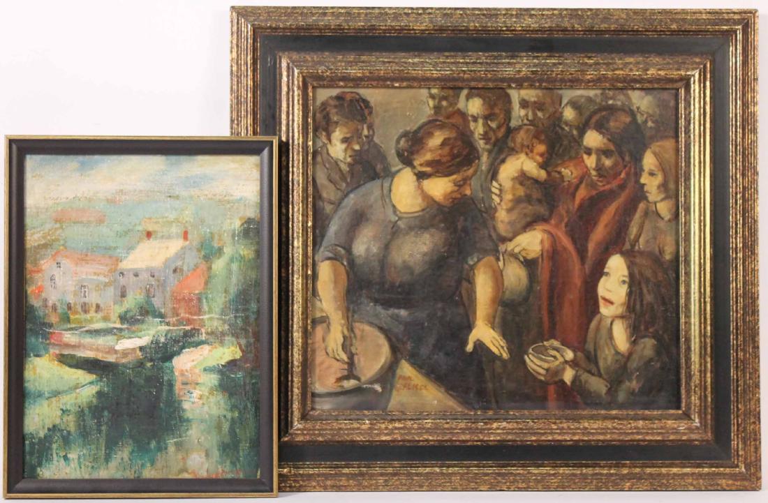 Two Oil on Canvas Paintings, Paul Flegel: (U.S./Russian Federation, 1904-1979) One depicting families in line waiting for food, signed l.l. Paul Flegel. The other depicting a harbor scene signed l.r. Paul Flegel. Larger 13 1/2"h x 15 1/2"w