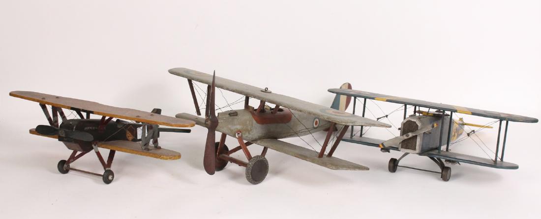 Three Primitive Hand Made WWI Biplane Models: 19"l