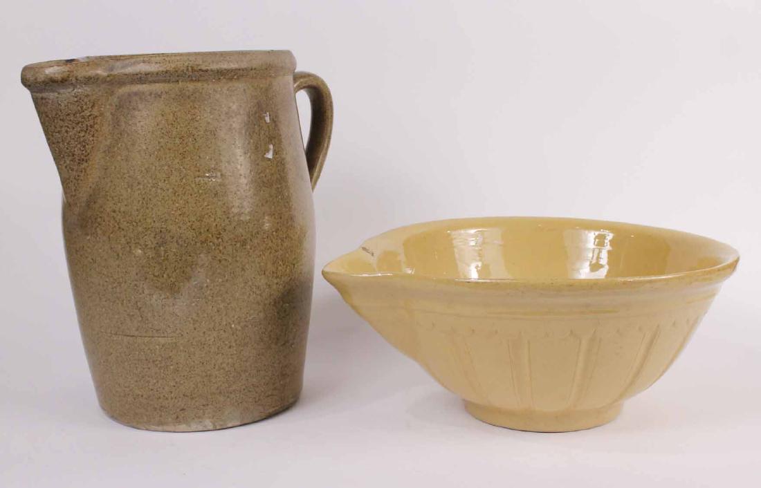 Impressively Large Earthenware Glazed Pitcher: Possibly American 19th C. Together with a yellowware batter bowl of impressive size. 17"h