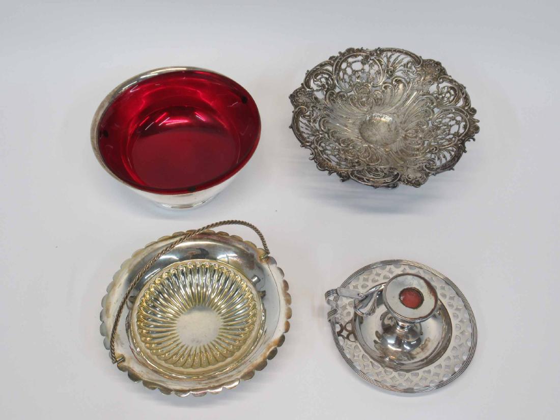 Gorham 1962 Mountain Ridge Country Club Trophy: Silver plated Revere style bowl with red glass liner. Together with a plated footed compote, a swing -handled plated basket and a plated chamberstick. 4"h. Wear.