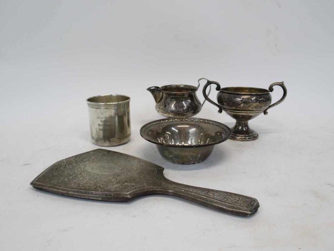 Group of Assorted Sterling Silver Table Articles: Group of Assorted Sterling Silver Table Articles including vanity mirror, mug, bowl, creamer and sugar bowl. unweighted items weigh 4 t.o.. Used condition, wear, worn, scratches, dents.