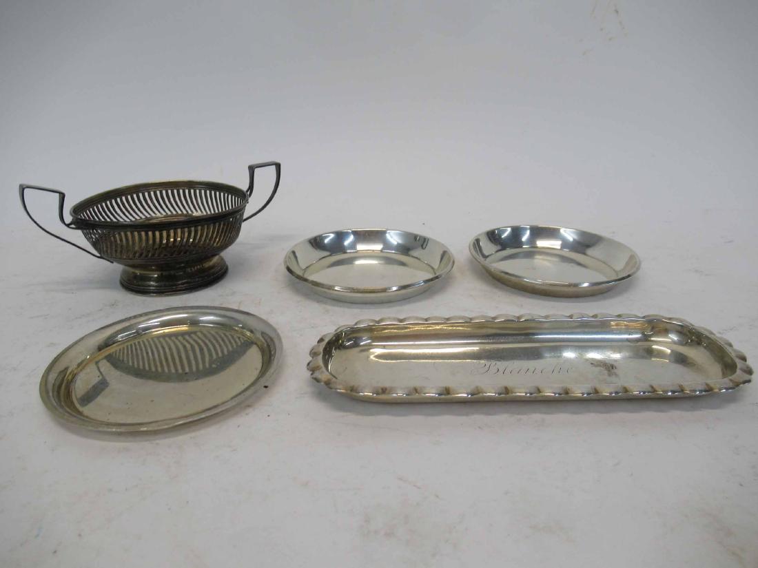 Group of Assorted Sterling Silver Table Articles: Group of Assorted Sterling Silver Table Articles including nut dishes and cup holder. Marked Sterling weight 5 t.o. together with a dresser tray monogrammed Blanche. Used condition wear, worn, dents a