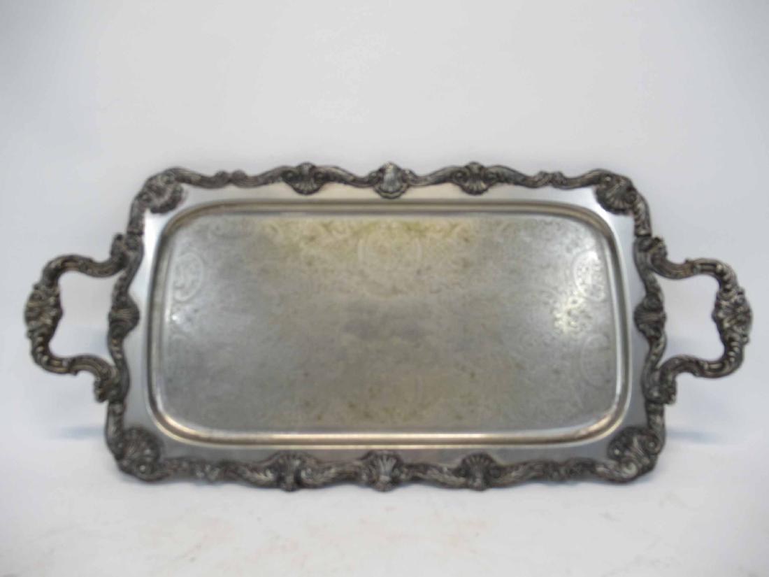 Silver Plated Serving Tray: Silver Plated Serving Tray English Silver MFG Corp, Used condition, wear, worn. 25" handle to handle x 11 1/2"