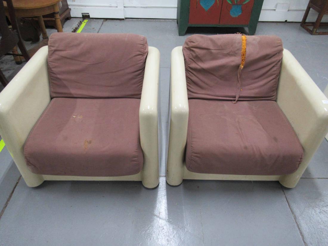 Crucible Furniture Co Fiberglass Pair of Chairs: Crucible Furniture Co Fiberglass Pair of Chairs Upholstered seats and backrest. Used condition, wear, worn, scratches, surface distress, worn and ripped upholstery. 26" tall x 30" wide x 28" deep.