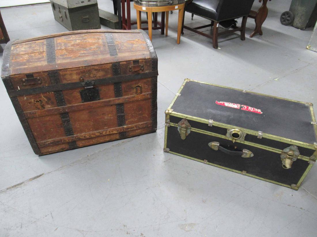 Dome Top Steamer Trunk: Dome Top Steamer Trunk Paint and paper decorated, together with a black trunk. Used condition, wear, worn, surface distress. broken missing handles.