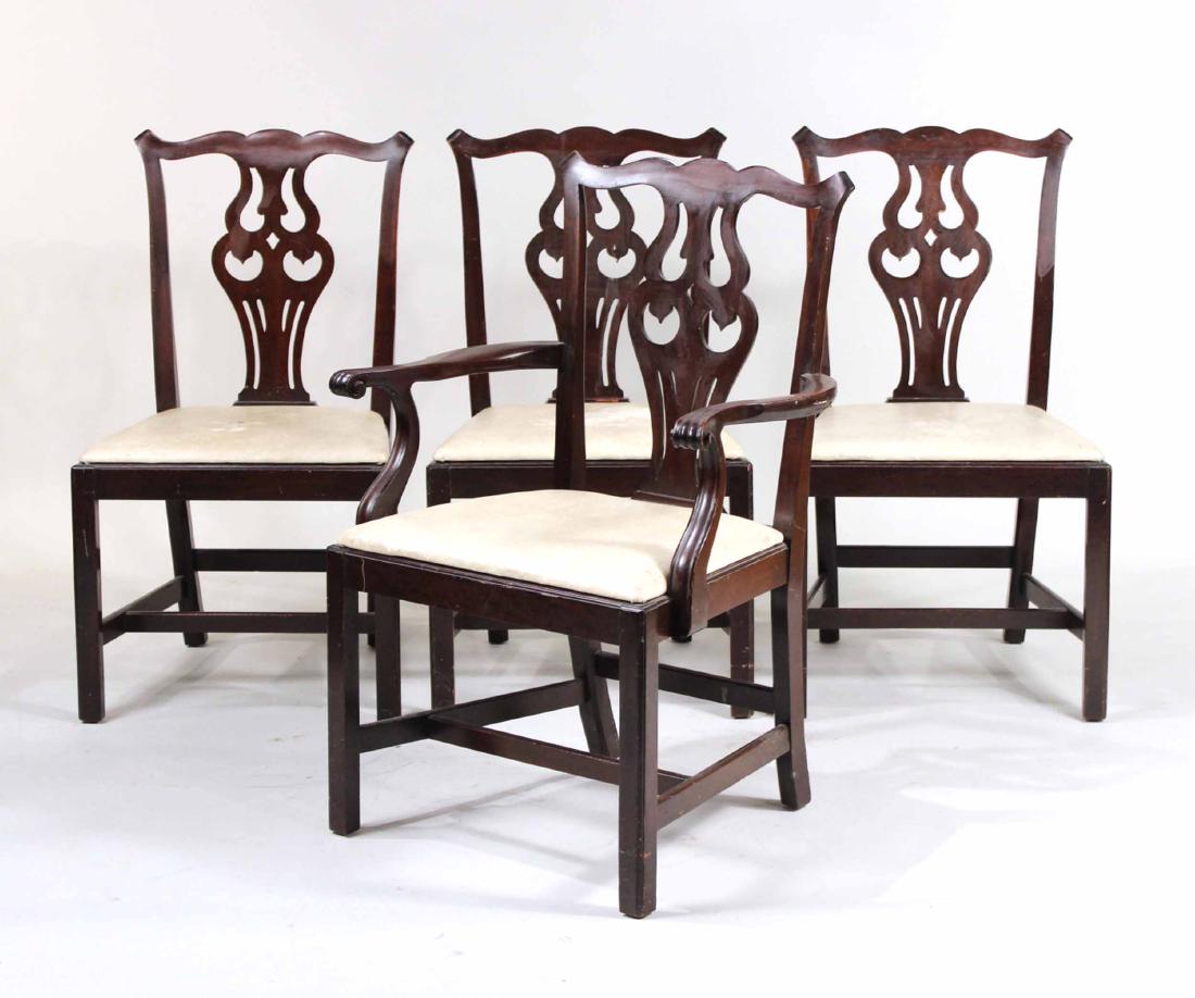 Four George III Style Mahogany Dining Chairs: Four George III Style Mahogany Dining Chairs Comprising one arm and three sides. Used condition. 36-1/2"h, seat: 20-1/2"w x 17"d
