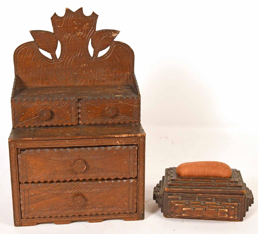 Primitive Folk Art Miniature Oak Dresser: Chippendale carved dresser. Together with a tramp art sewing box with pin cushion on top. 12"h x 8"w x 5"d Repairs and losses.