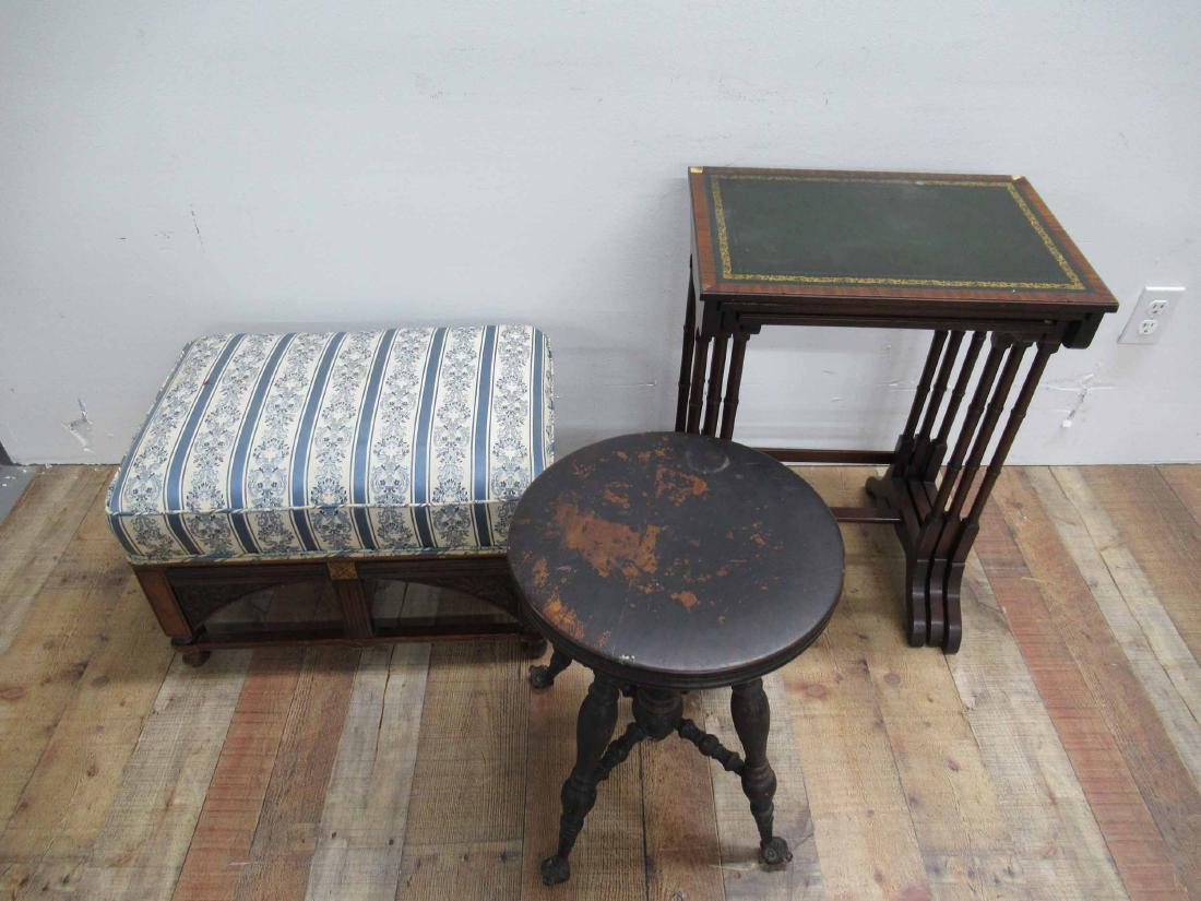 Set of Mahogany Nesting Tables: Set of Mahogany Nesting Tables together with a bench and piano stool. Used condition, wear,worn, may be missing pieces and parts, in need of repair. piano stool size 19" tall x 14 1/2" dia