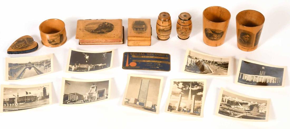 1939 NY World Fair Social Security Card: Together with nine NYWF photographs and a 1893 Chicago Exhibition wood needle holder barrel. Also including seven wood souvenirs: Germany, Betsy Ross House, Court House, New London, CT, Louisa May Alc