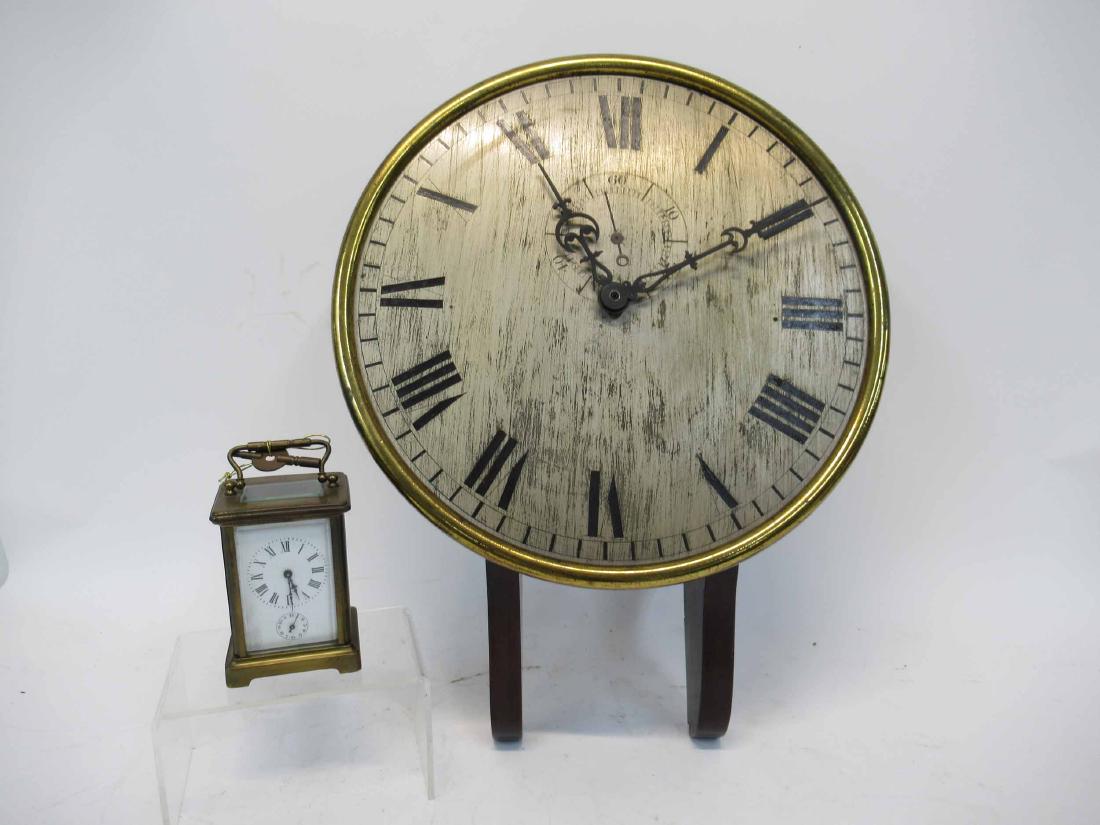 Brass Carriage Clock: Together with a wood and metal wall clock. Wear, losses. 5-1/2"h x 3-1/4"w x 2-1/2"d and 18-1/2"h x 14-3/4"w x 5"d