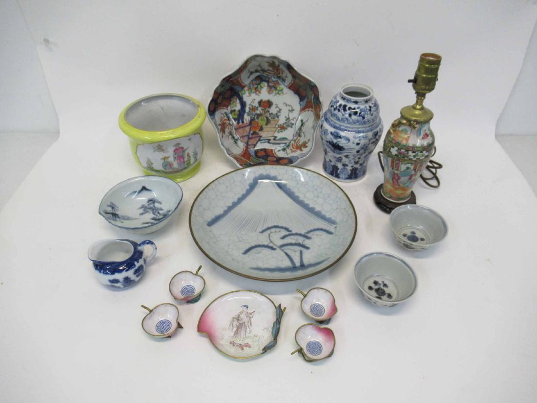 Group of Assorted Oriental Table Articles: Group of Assorted Oriental Table Articles including bowls, cups, vase, creamer and enamel decorated set. 13 pieces. Used condition, wear,worn.