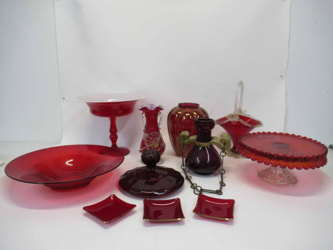 Group of Assorted Ruby Color Glass Table Articles: Group of Assorted Ruby Color Glass Table Articles including basket, bowl, vases, cake plate and footed compote. 9 pieces total. Used condition, wear,worn.