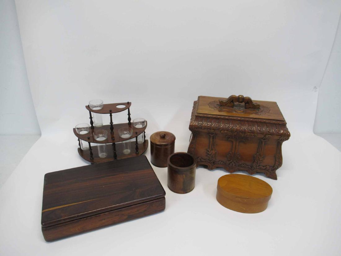 Group of Assorted Wooden Table Articles: Group of assorted Wooden Table Articles Including teak wood document box, covered carved box and a Shaker style box. Used condition, wear, worn.