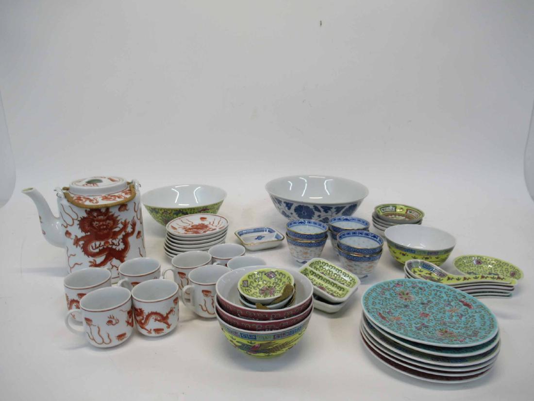Group of Oriental Style Table Articles: Each having enamel decoration including bowls, tea pot, cups.