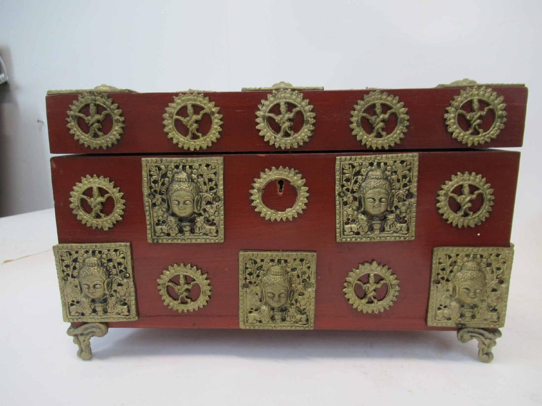 Inlaid Serving Tray: Inlaid Serving Tray having central floral inlay, together with Williamsburg Restoration tray and Asian red lacquered box. Used Condition, wear, worn. Inlaid tray size 19" long x 13" wide