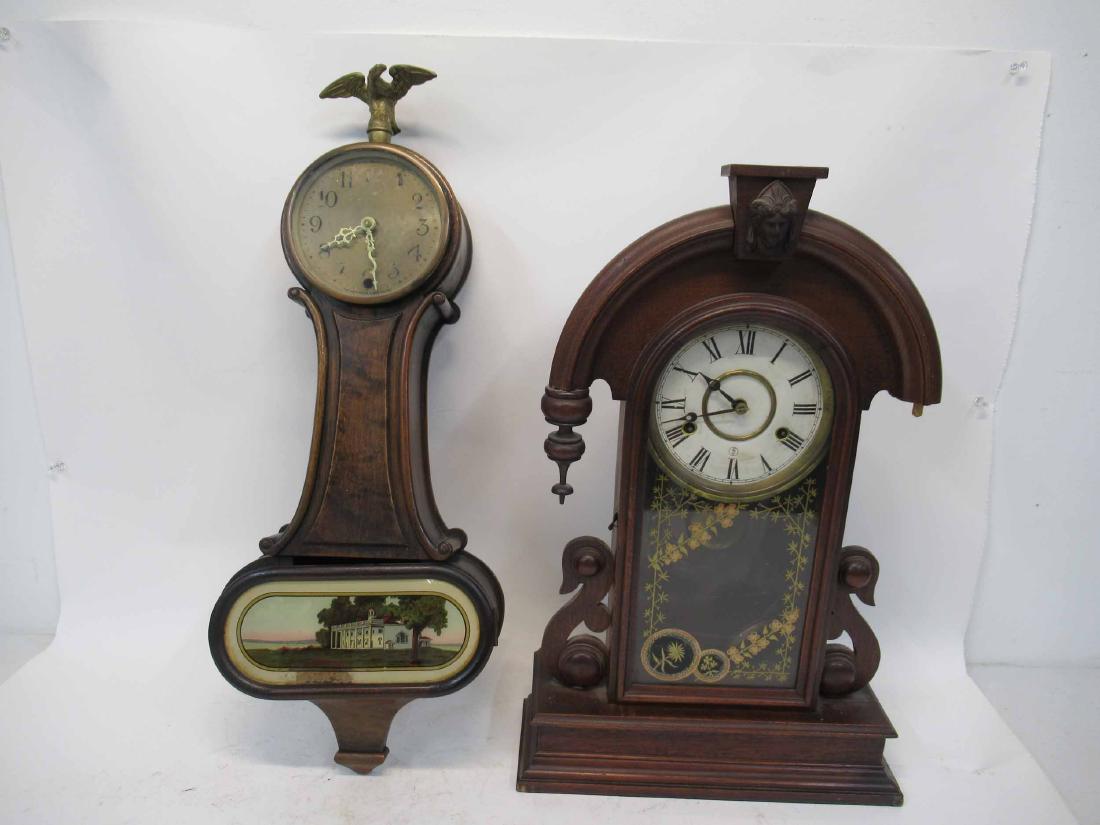 New Haven Clock Company Banjo Style Wall Clock: New Haven Clock Company Banjo Style Wall Clock together with a Walnut Shelf Clock, Used condition, wear, worn not in working condition, missing pieces and parts. Banjo clock size 25" tall x 9 1/2" wid