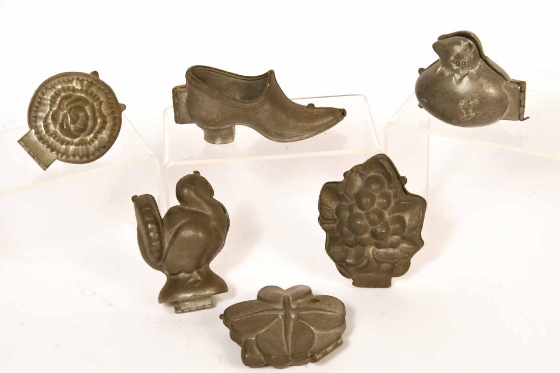 Six Vintage Holiday Ice Cream Molds: Comprising: Flower bouquet, egg and chick, four leaf clover, shoe, Thanksgiving Turkey, and a grapes and leaf. 4.5"h turkey