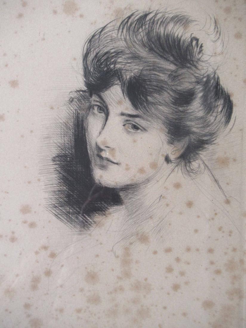 Engraving of Female Bust: Engraving of Female Bust, Ten impressions only plate destroyed, signed lower right Paul - Cesar Helleu French 1859-1927, used condition, heavy foxing throughout, framed size 21 1/2" x 15"