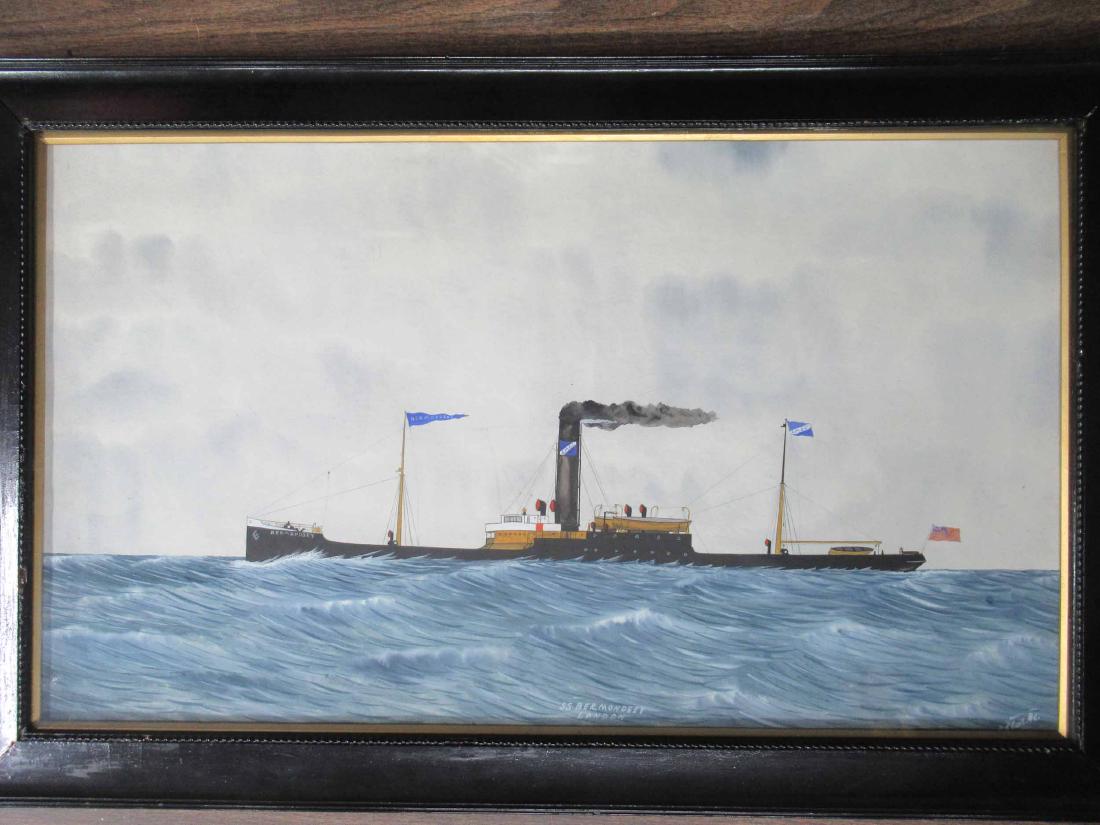 Mix Media of English Steam Ship: Mix Media of English steam ship titled S.S. Bermondsey, London. Signed illegibly lower right. Used condition. framed size 20 1/2" x 32 1/4".