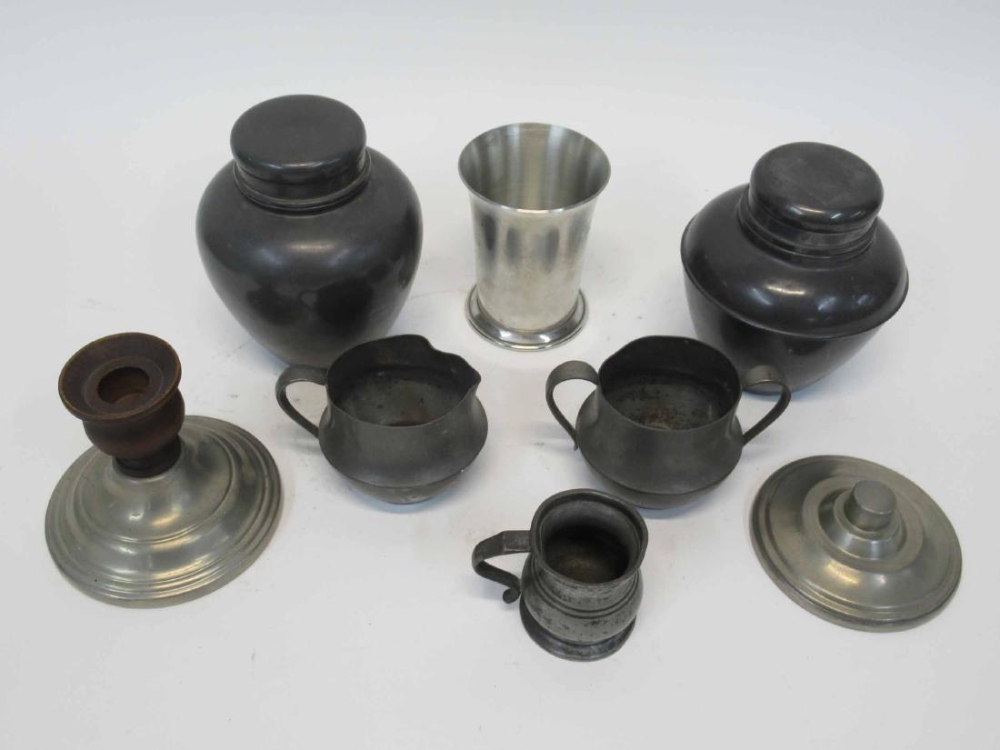 Group of Assorted Pewter Table Article: Group of Assorted Pewter Table Article including pair of Japanese tea caddies, English gill measure and creamer and sugar. Used condition wear, worn dents.