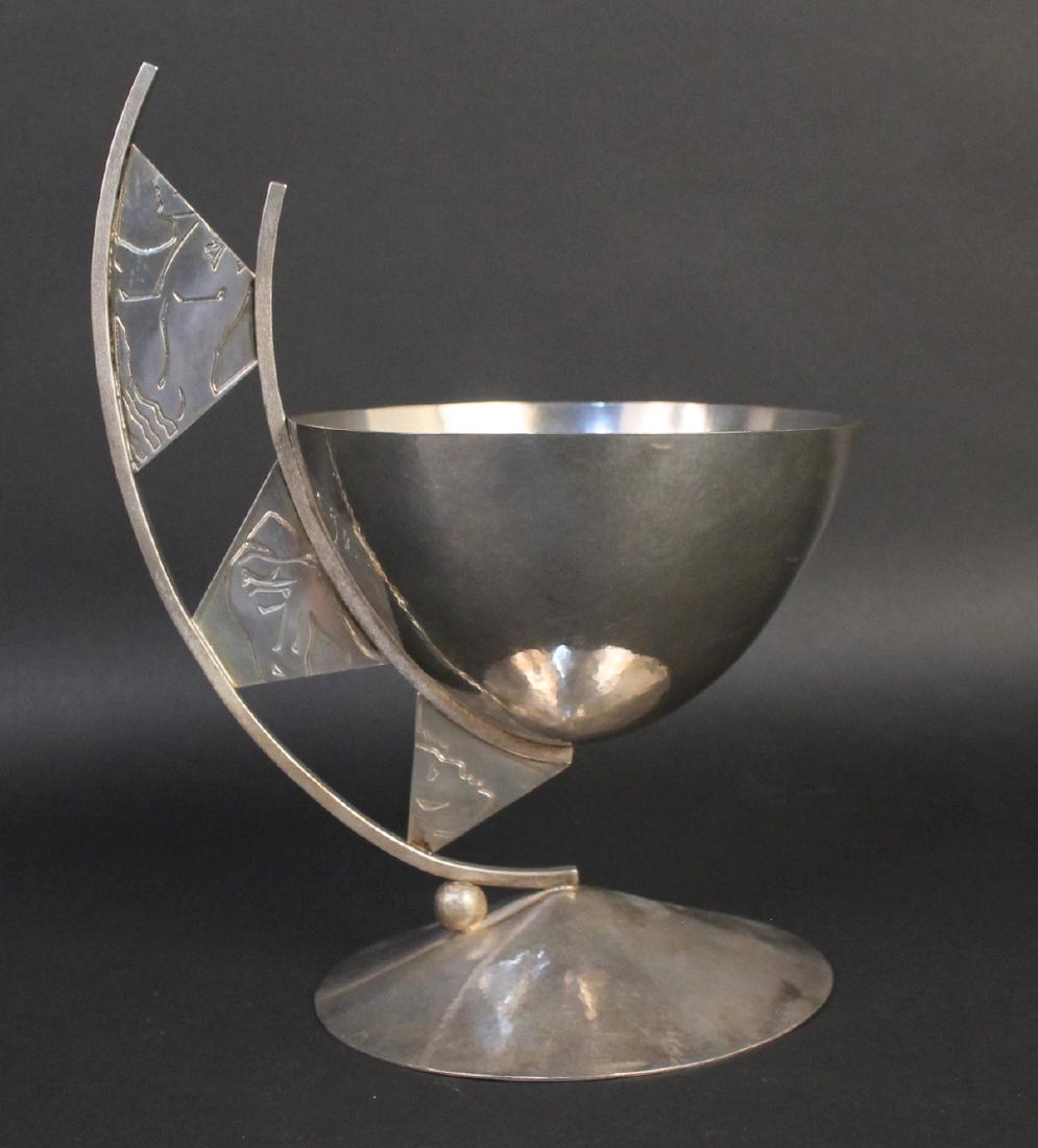 Leanne Horner Silver Modernist Bowl: Signed Leanne Horner, 1989, spot-hammered, conical bowl raised on openwork handle, 9"h, weight approx. 15 T.O. Provenance: Property from the Collection of Myrna and Bernard Posner