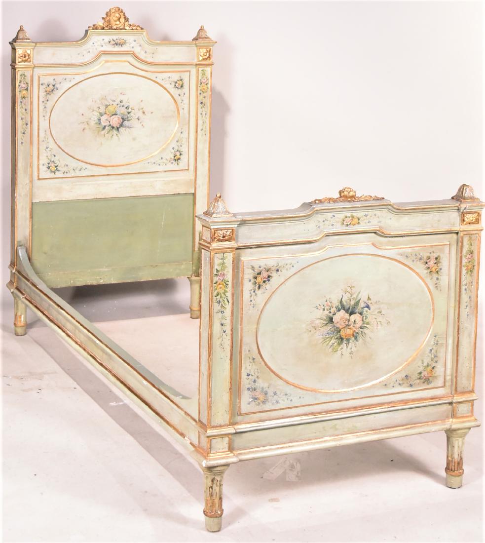 Louis XVI-Style Painted Bedstead: Early 20th C. 55"h, inside: 31"w x 6'6"l, outside 36"w x 6'11"l