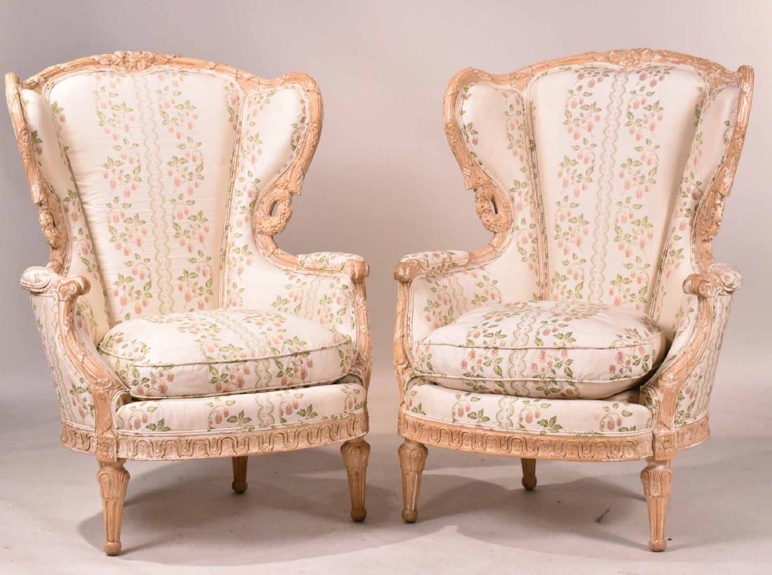 Pair of Louis XV Style White-Painted Bergeres: 20th C, with floral upholstery. 45-1/2"h x 33"w