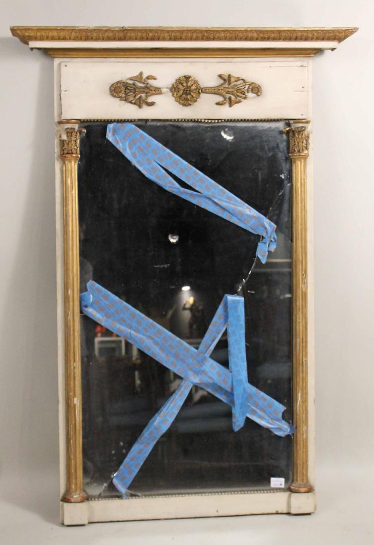 Swedish Gold-and-White Painted Pier Mirror: C. 1825 Mirror plates cracks and broken, repairs to frame. 4'6-1/4"h x 37-1/2"w x 4-1/2"d