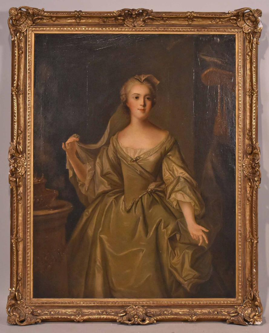 Oil on Canvas, Portrait of Lady in Green Gown: Continental School, 19th C. 46"h x 35"w