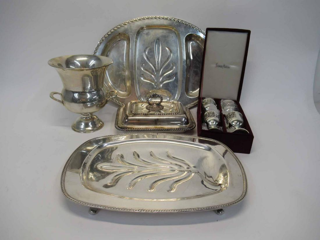 Two Silver Plated Well and Tree Platters: Two Silver Plated Well and Tree Platters. Together with a covered vegetable, wine cooler and set of Neiman Marcus wine glasses. Used condition, wear.