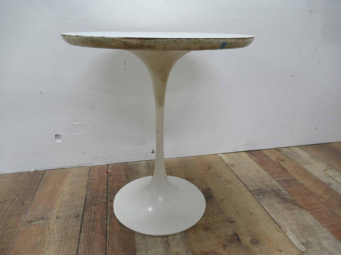 Knoll Tulip Table: Knoll Tulip Table laminate top with aluminum base, unmarked, unsigned. Used condition, wear, worn surface distress. 17 3/4" dia x 20" tall
