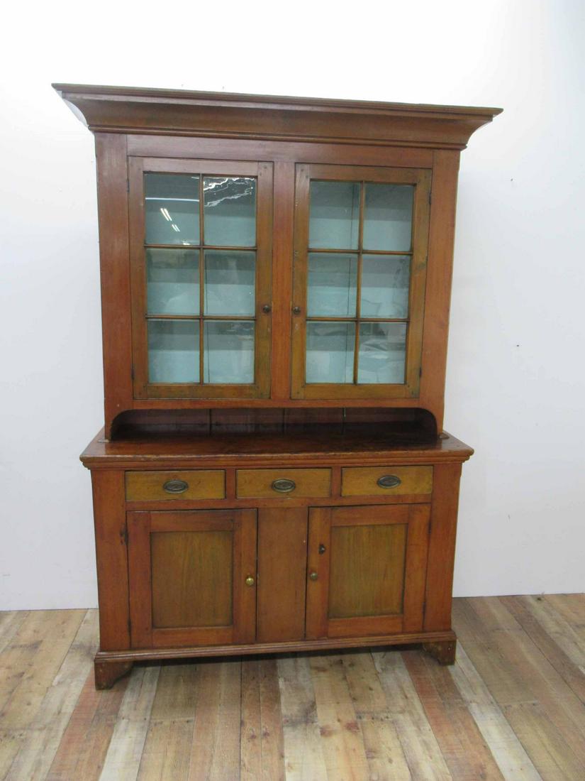 Antique Country Pine Stepback Cupboard: Antique Country Pine Two Part Stepback Cupboard, used condition, wear, alterations. 86" tall x 20" deep x 57" long.