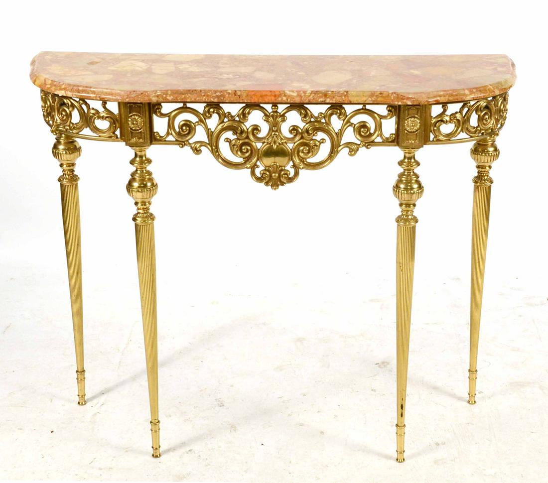 Marble Top Brass Demi-Lune Pier Table: 20th C., in the Continental taste.