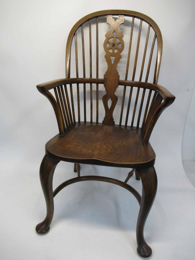 Pair of Elmwood Windsor Armchairs: Pair of Elmwood Windsor Armchairs with wheel decorated splat, used condition, splits, 40" tall x 21" wide