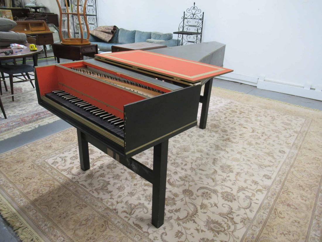 Green Painted Harpsichord on Stand: Green Painted Harpsichord on Stand. probably sold as a kit, unmarked, used condition, crack to board, missing piece of side wood, stand needs to be tightened. 88" long x 36 1/2" x 35 1/2" tall.