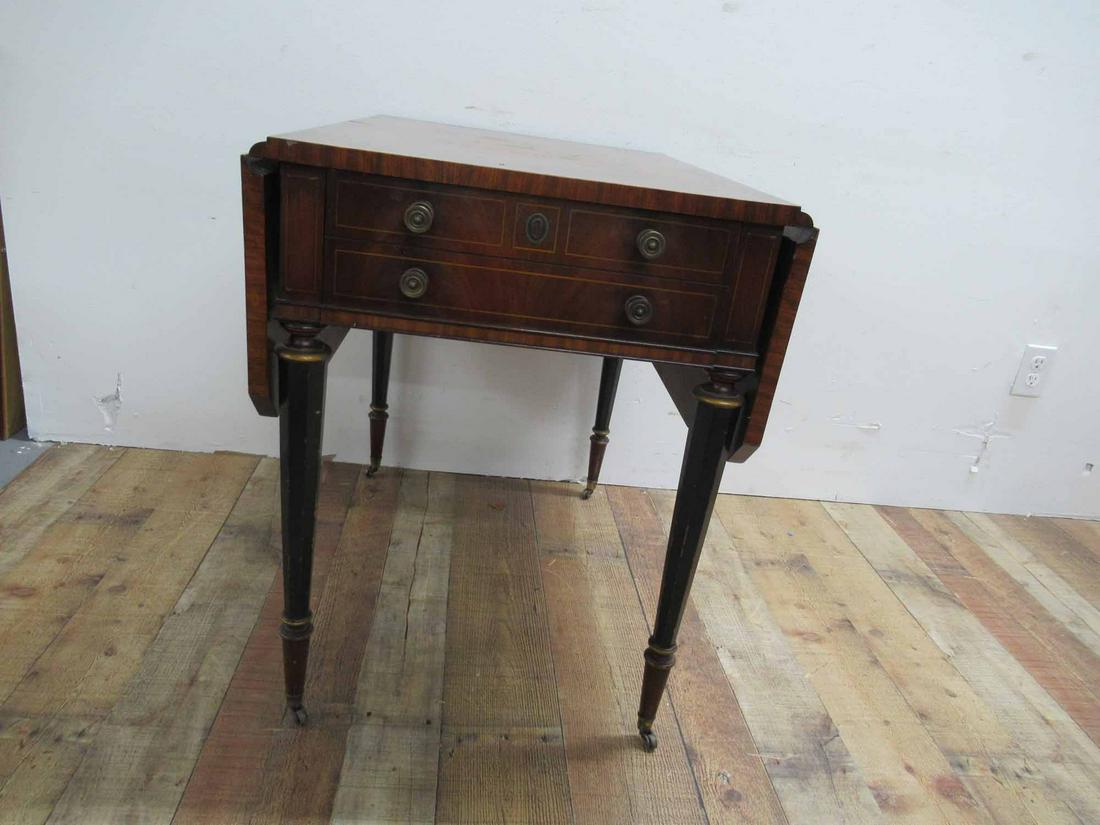 Mahogany Drop Leaf Table: Mahogany Drop Leaf Table having single drawer resting on tapering legs. Used condition, wear, worn, surface distress and losses. closed size 28" tall x 30" deep x 22" wide