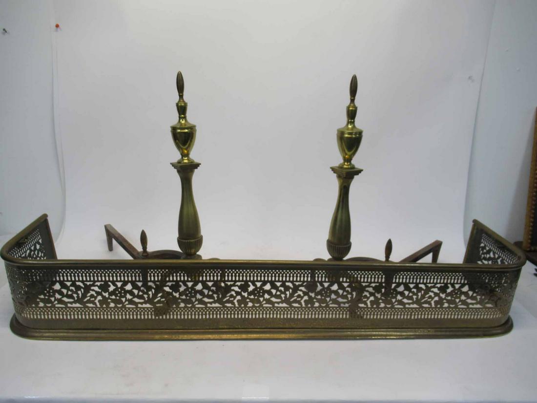 Antique Brass Fire Fender: Antique Brass Fire Fender. Together with a pair of claw foot andirons. Fender is 47" long