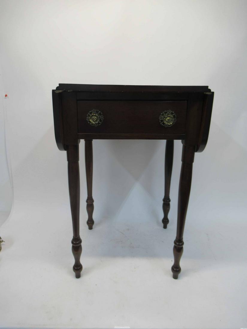 Mahogany Drop Leaf Work Table: Mahogany Drop Leaf Work Table with single drawer, used condition, wear, worn. 28 1/2" tall x 18" deep