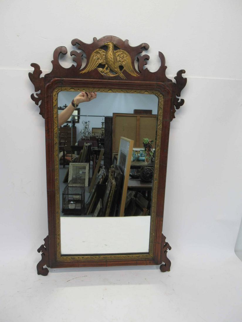 George III Parcel-Gilt Mahogany Mirror: English, late 18th C., with inset carved eagle crest. Lacking bottom molding, missing pieces. 32-1/2"h x 19"w