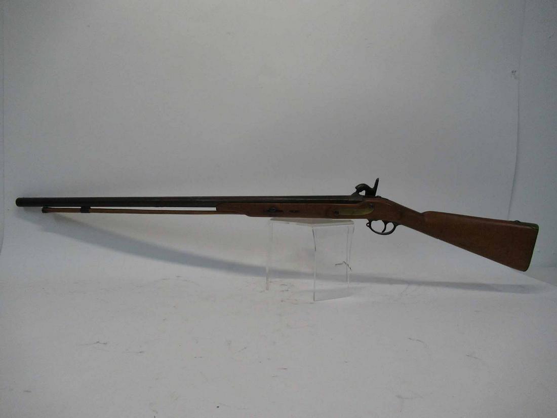 Antique Percussion Rifle: Antique Percussion Rifle having brass butt plate. Used condition wear, worn, cracks to wood, missing rod guide, interior barrel pitting. 48" long