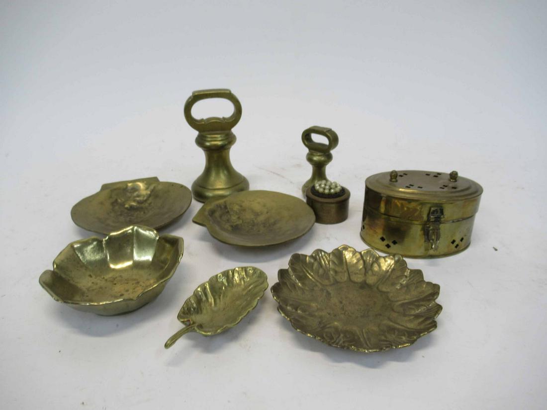 Group of Assorted Brass Table Articles: Group of Assorted Brass Table Articles. Including weights, bowl and trays.
