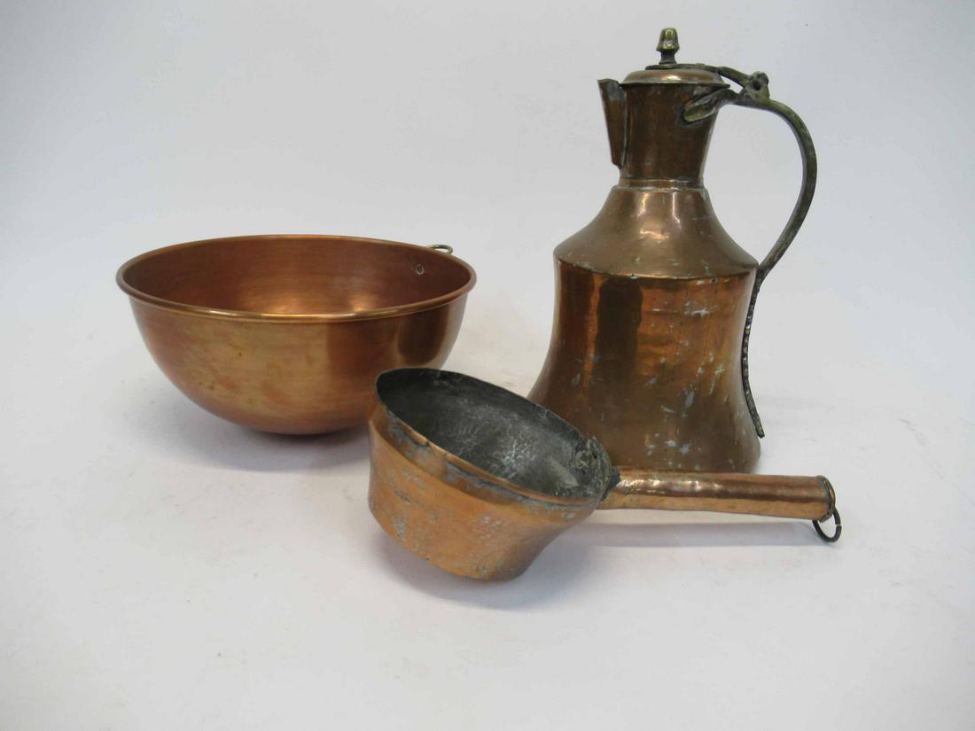 Copper Candy Bowl: Copper Candy Bowl. Together with a Pot and Kettle. Used condition, wear, worn, dents, bowl size 12" diameter.